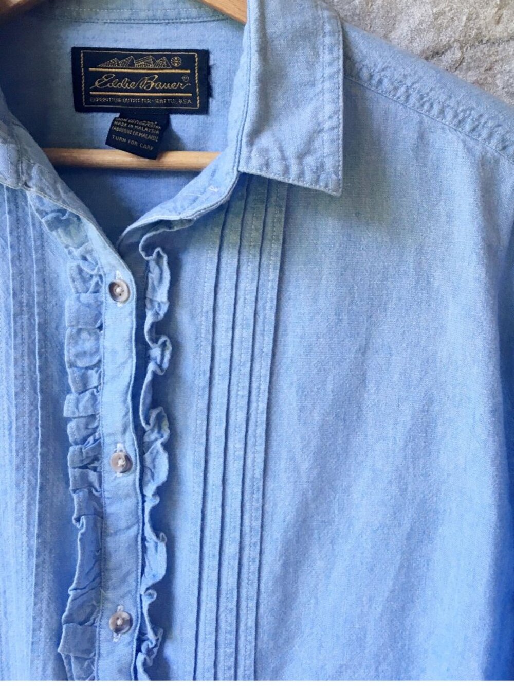 Long Sleeve Chambray Ruffle Button Down - Eddie Bauer